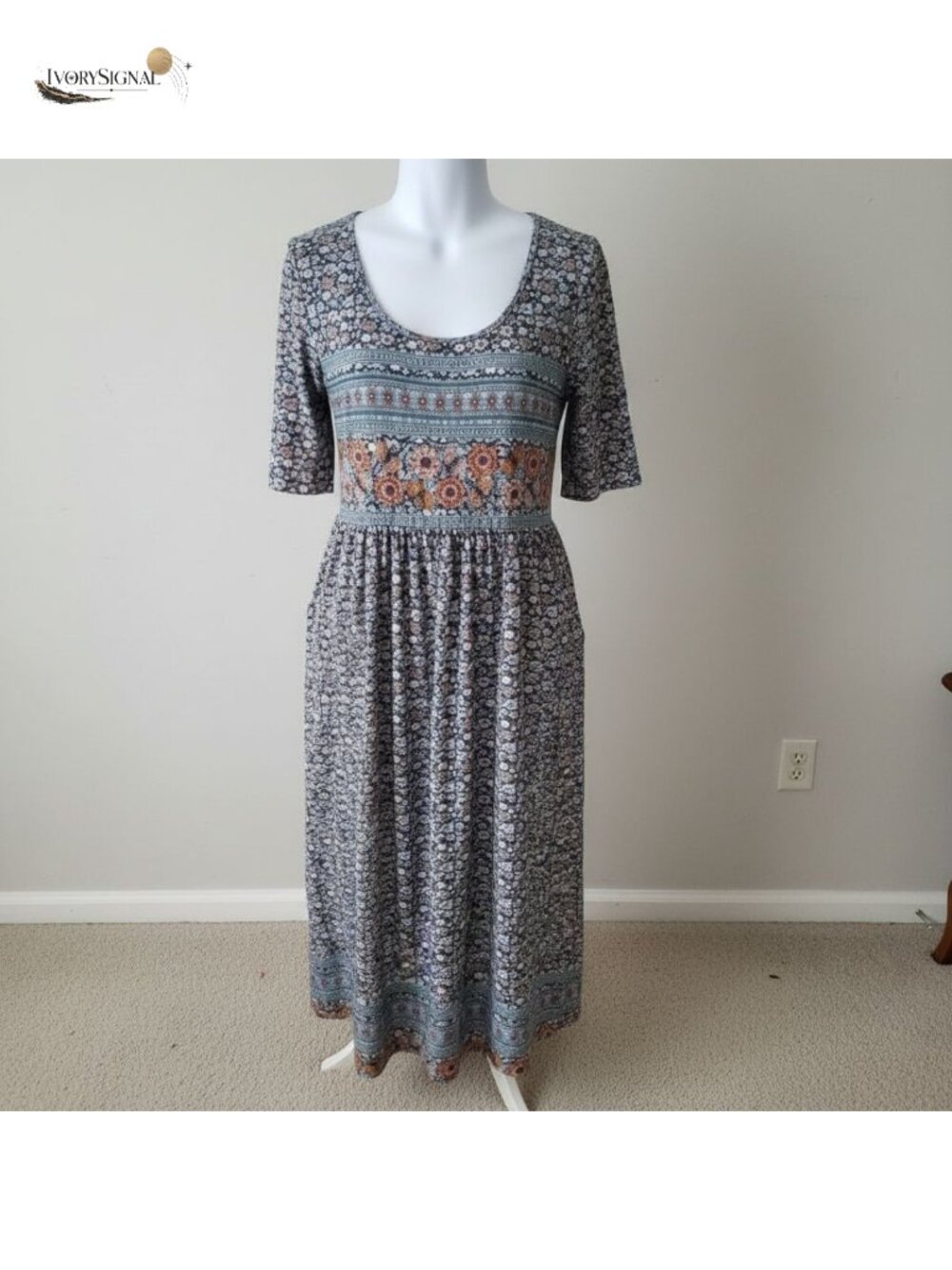 Boho Floral Maxi Dress Cotton Polyester Short Sleeve Beach Casual with Pockets